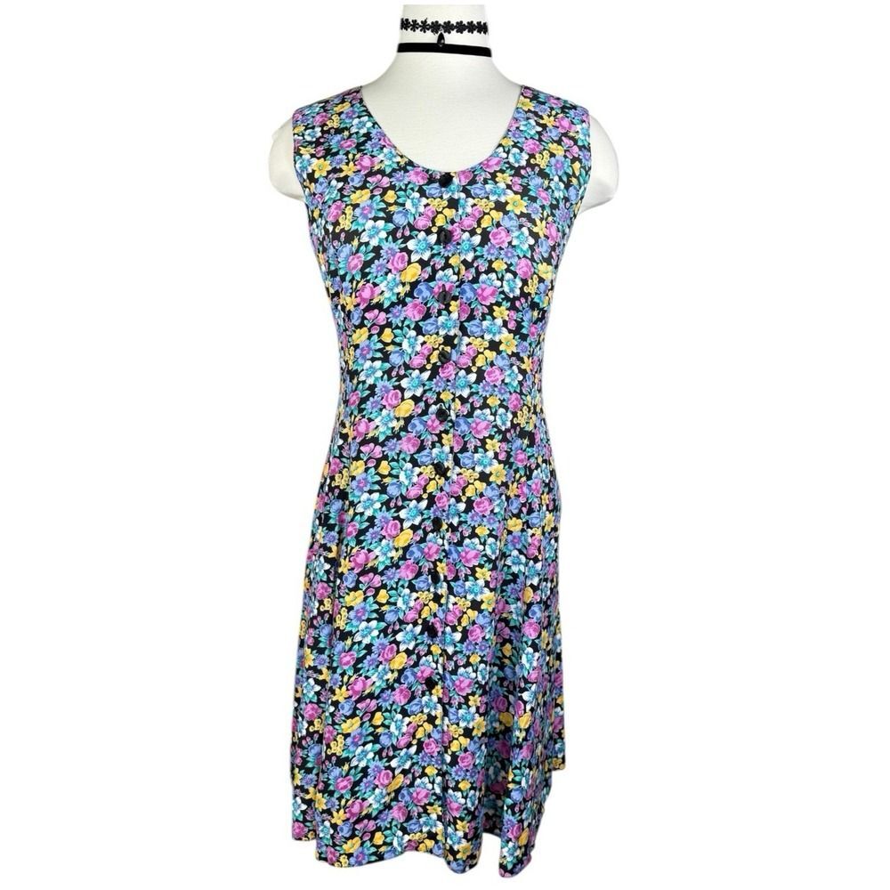 Vintage Floral Fit & Flare Dress | Sleeveless V-Neck‎ 90s Style S/M